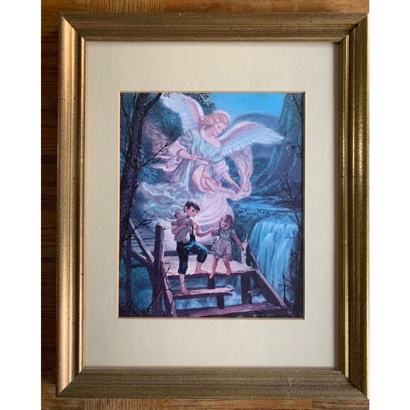 Vintage Hangable "Angel and Children Litho" Print - Picture 1 of 3